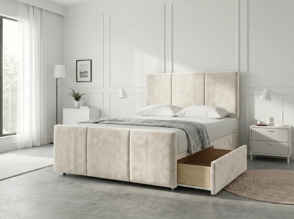 Elegant Sleigh Aura | Divan Drawer Bed with Hidden Storage Drawers (UK) | Discount Bed Store (DBS) #DB149