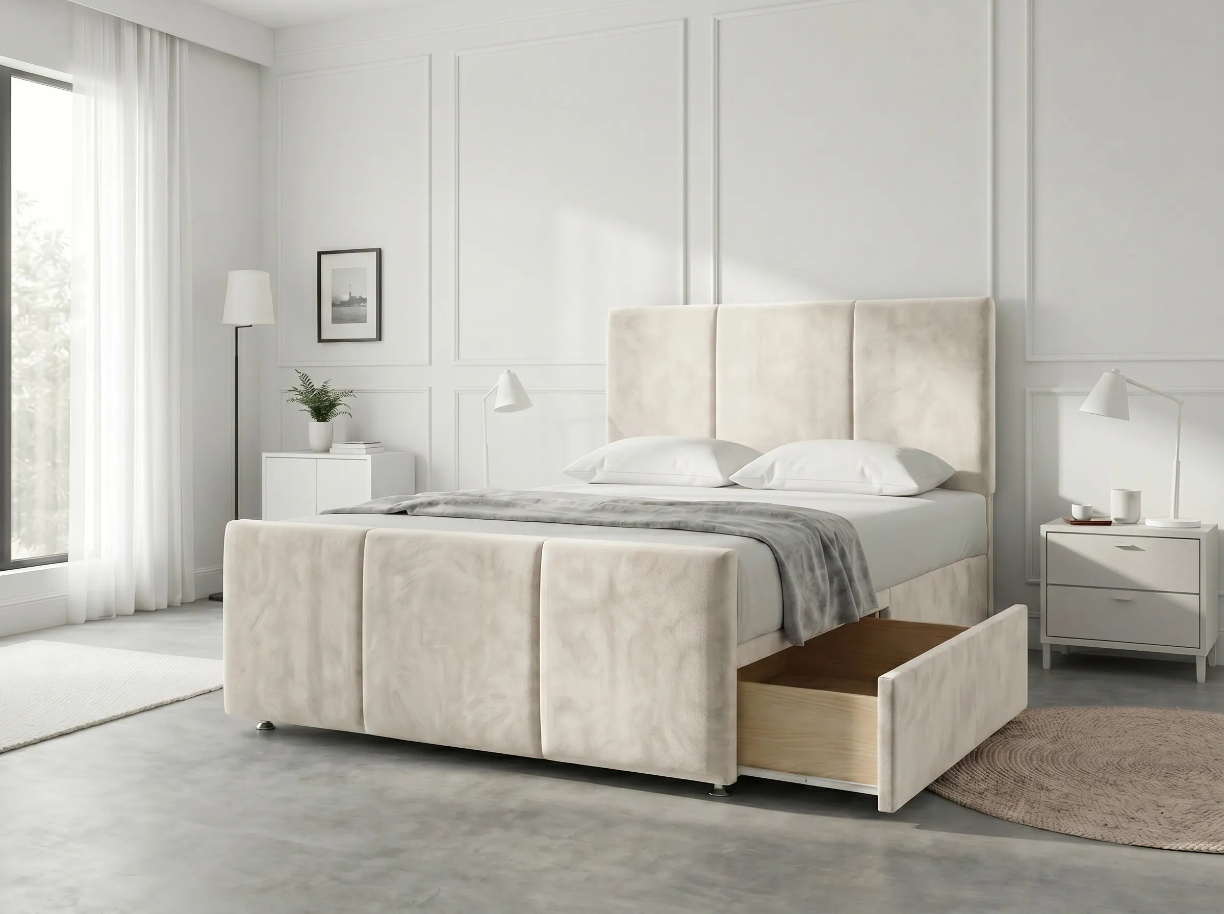 Elegant Sleigh Aura | Divan Drawer Bed with Hidden Storage Drawers (UK) | Discount Bed Store (DBS) #DB149
