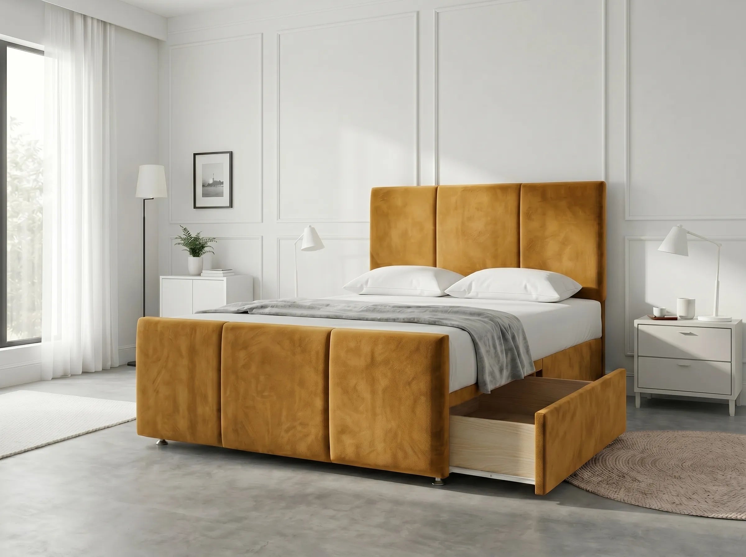Elegant Sleigh Aura | Divan Drawer Bed with Hidden Storage Drawers (UK) | Discount Bed Store (DBS) #DB149