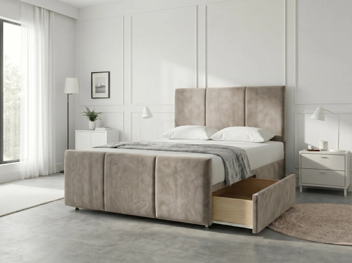 Elegant Sleigh Aura | Divan Drawer Bed with Hidden Storage Drawers (UK) | Discount Bed Store (DBS) #DB149