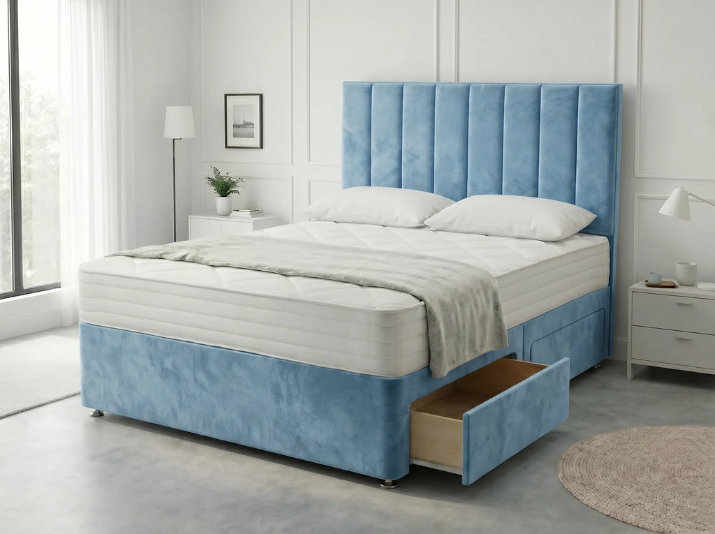 Heritage Sleigh Luxe | Upholstered Divan Drawer Bed with Pull-Out Drawers (UK) | Discount Bed Store (DBS) #DB133