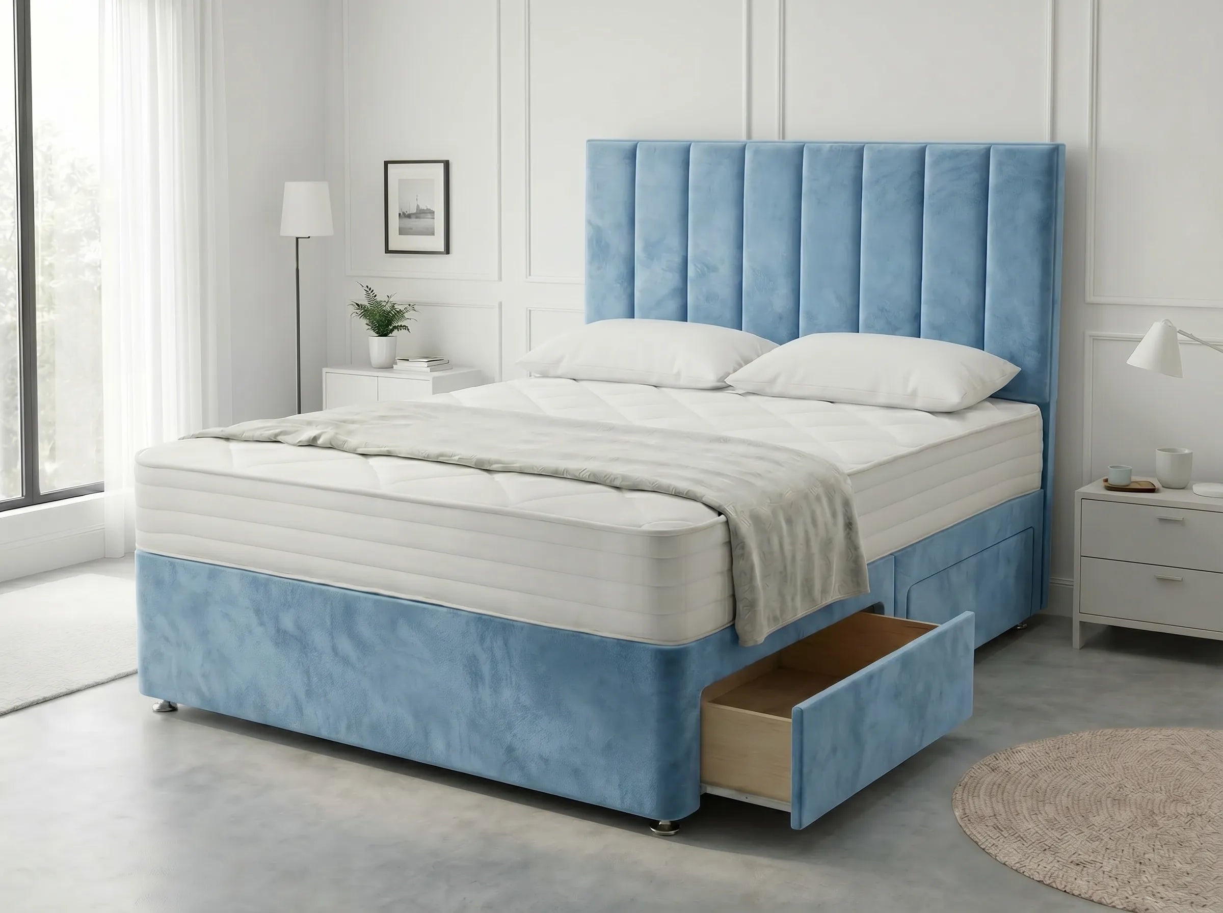Heritage Sleigh Luxe | Upholstered Divan Drawer Bed with Pull-Out Drawers (UK) | Discount Bed Store (DBS) #DB133