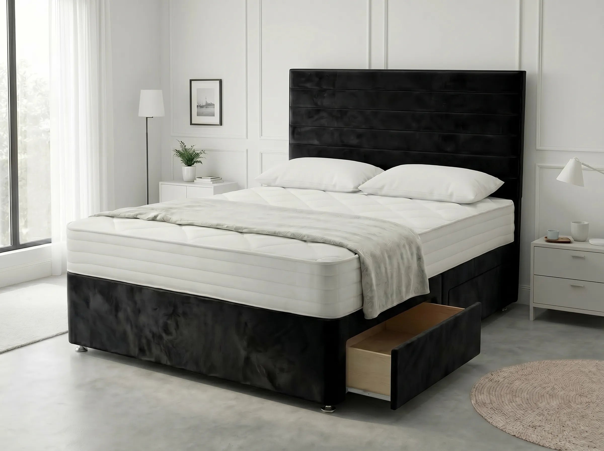 Heritage Sleigh Luxe | Upholstered Divan Drawer Bed with Pull-Out Drawers (UK) | Discount Bed Store (DBS) #DB133