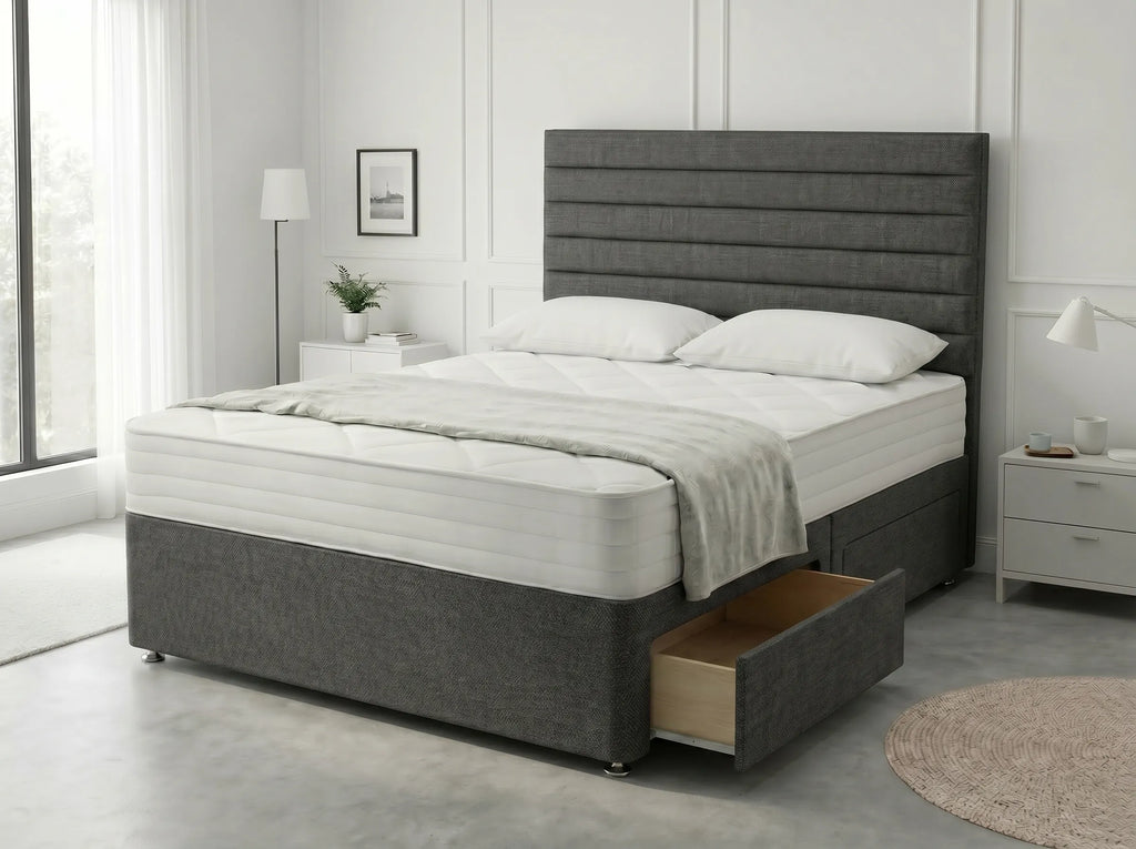 Heritage Sleigh Luxe | Upholstered Divan Drawer Bed with Pull-Out Drawers (UK) | Discount Bed Store (DBS) #DB133