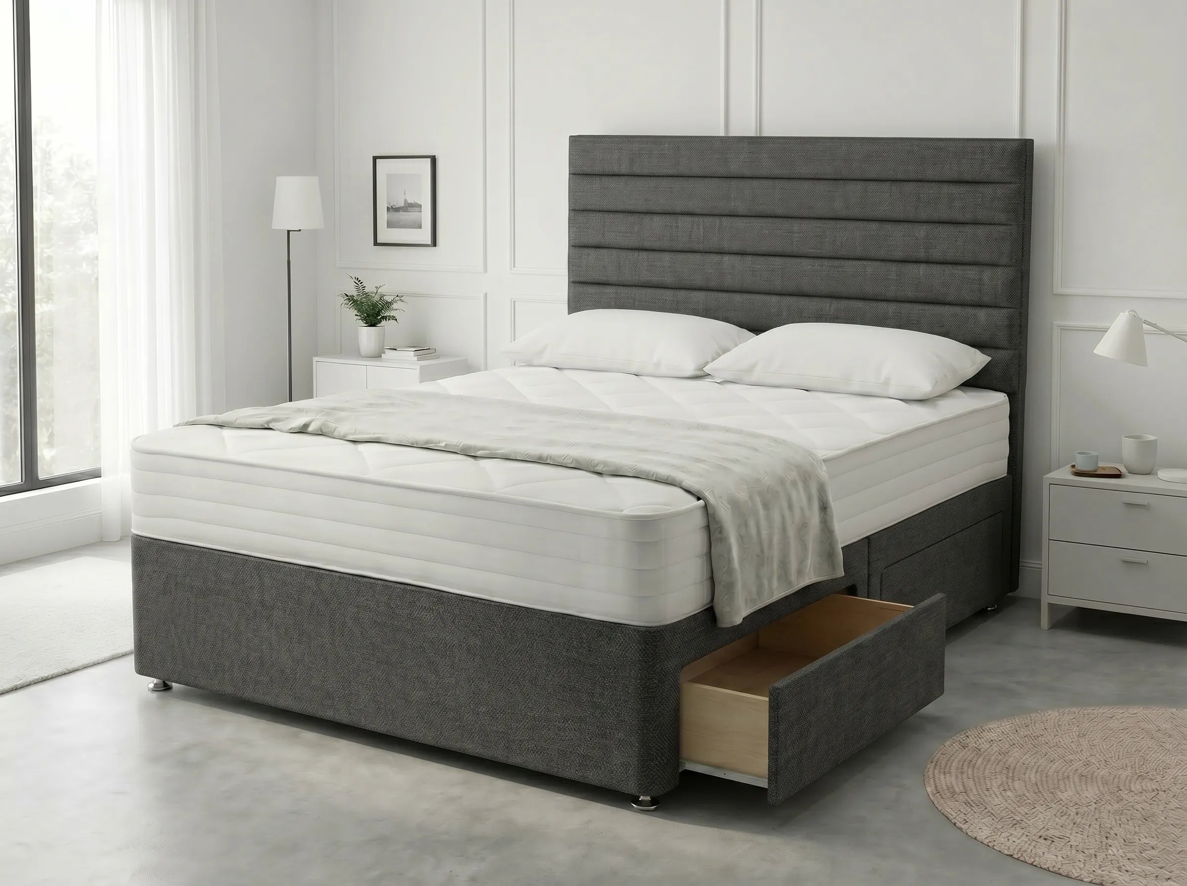 Heritage Sleigh Luxe | Upholstered Divan Drawer Bed with Pull-Out Drawers (UK) | Discount Bed Store (DBS) #DB133