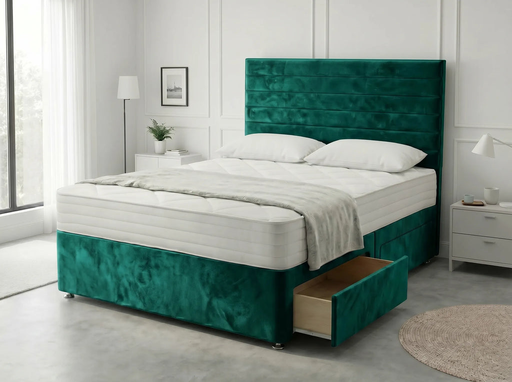 Heritage Sleigh Luxe | Upholstered Divan Drawer Bed with Pull-Out Drawers (UK) | Discount Bed Store (DBS) #DB133