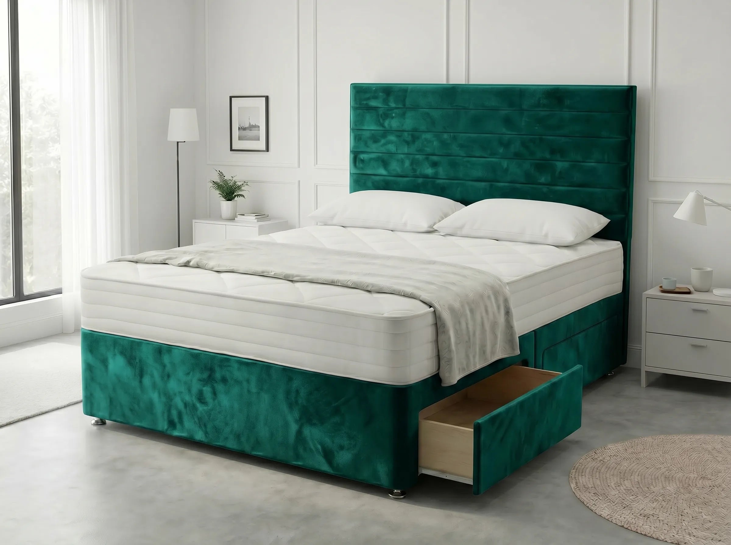 Heritage Sleigh Luxe | Upholstered Divan Drawer Bed with Pull-Out Drawers (UK) | Discount Bed Store (DBS) #DB133
