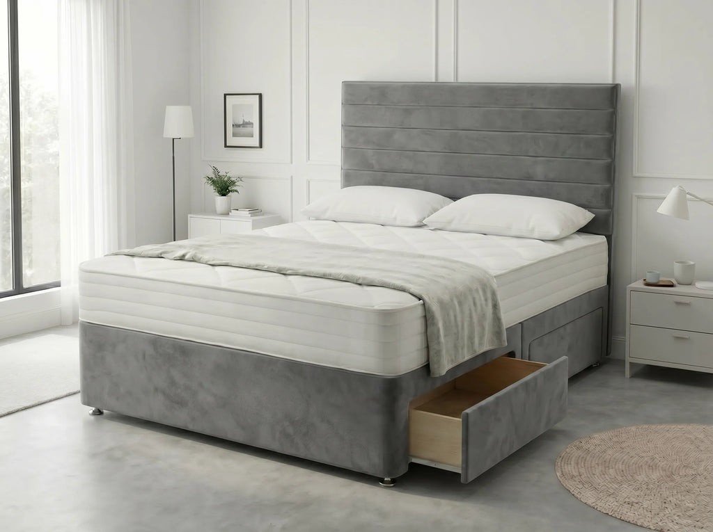 Heritage Sleigh Luxe | Upholstered Divan Drawer Bed with Pull-Out Drawers (UK) | Discount Bed Store (DBS) #DB133