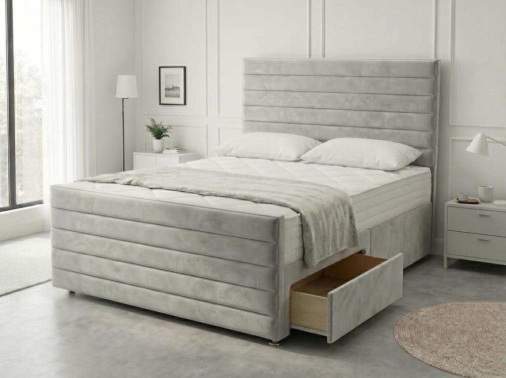 Heritage Sleigh Luxe | Upholstered Divan Drawer Bed with Pull-Out Drawers (UK) | Discount Bed Store (DBS) #DB133