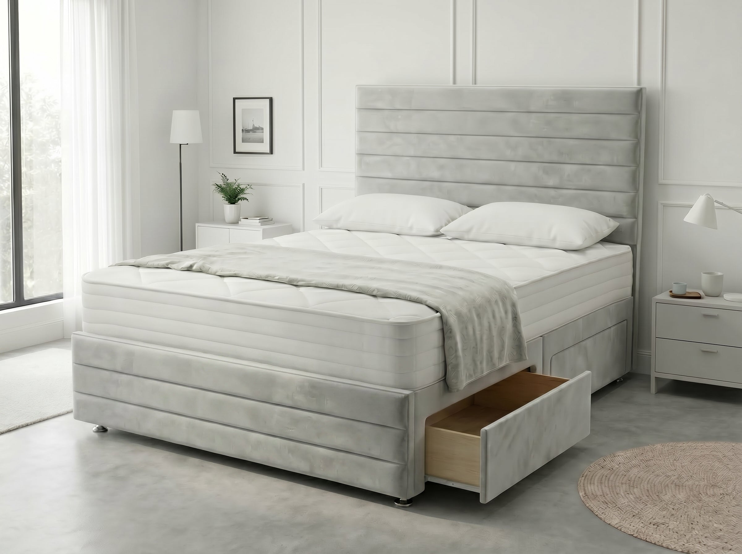 Heritage Sleigh Luxe | Upholstered Divan Drawer Bed with Pull-Out Drawers (UK) | Discount Bed Store (DBS) Regal Sleigh Haven Divan Bed with Side Storage Drawers (UK) | Discount Bed Store (DBS) #DB133