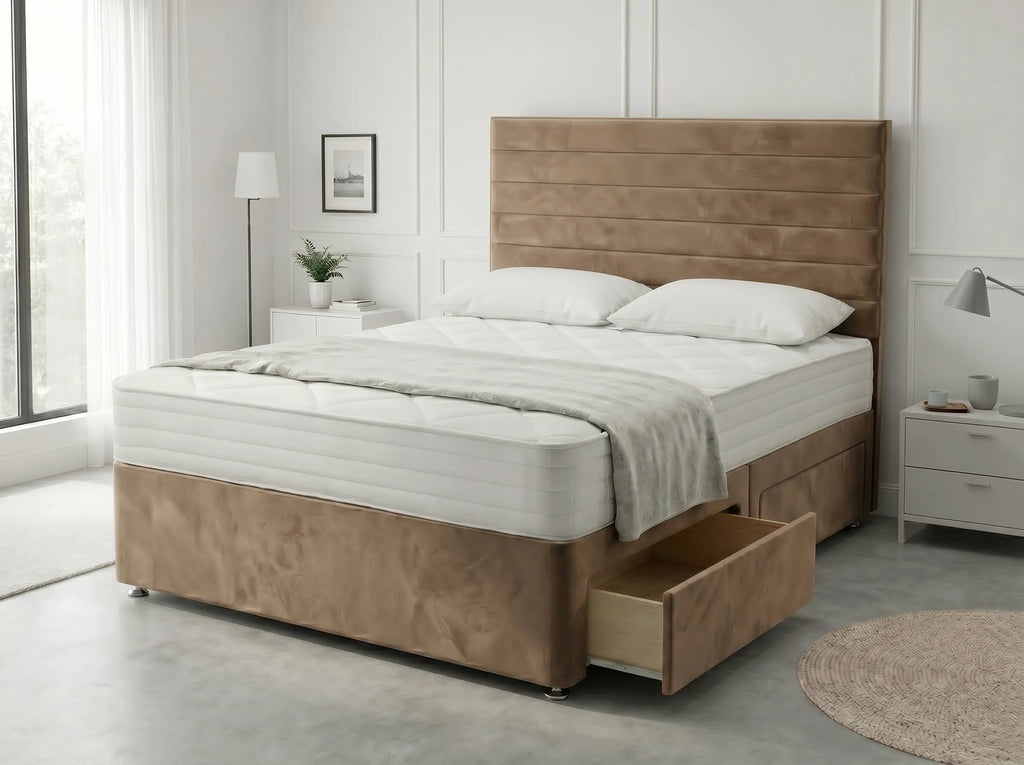Heritage Sleigh Luxe | Upholstered Divan Drawer Bed with Pull-Out Drawers (UK) | Discount Bed Store (DBS) #DB133