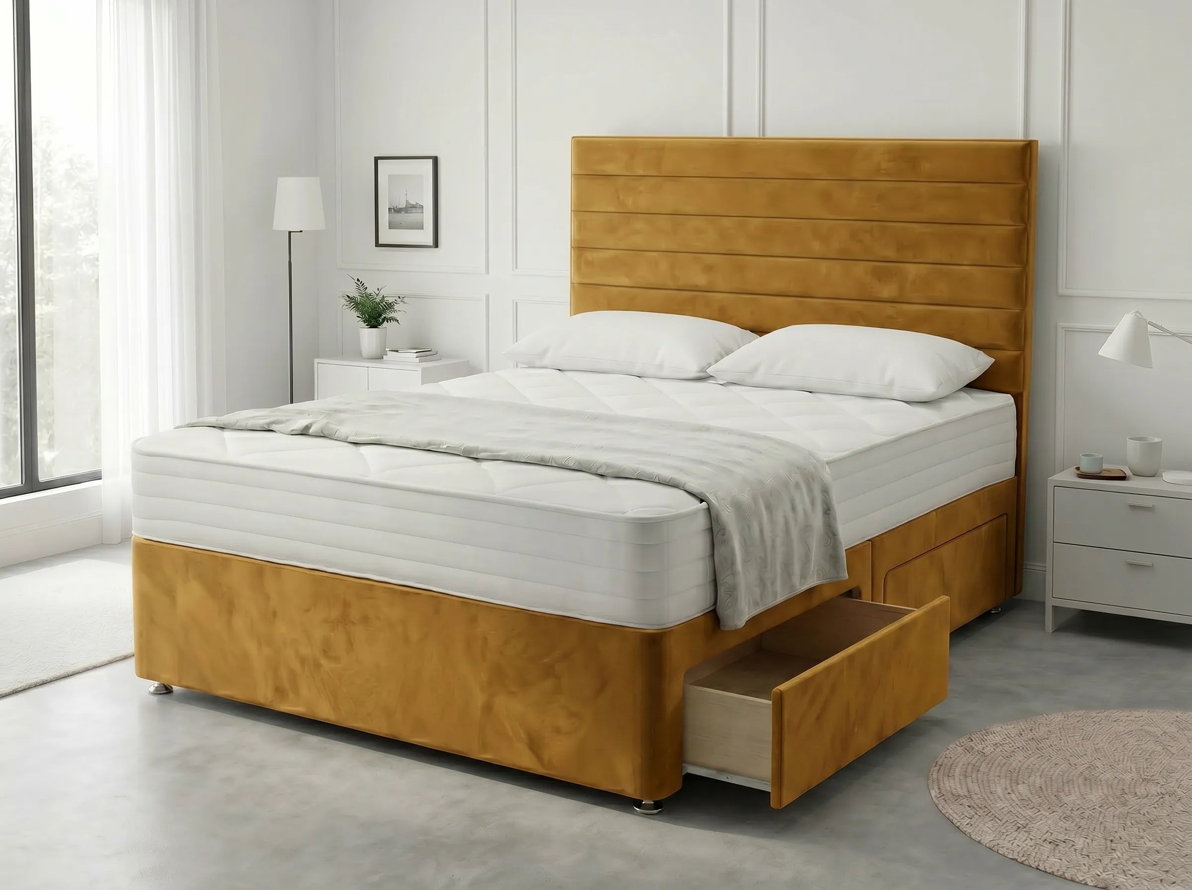 Heritage Sleigh Luxe | Upholstered Divan Drawer Bed with Pull-Out Drawers (UK) | Discount Bed Store (DBS) #DB133