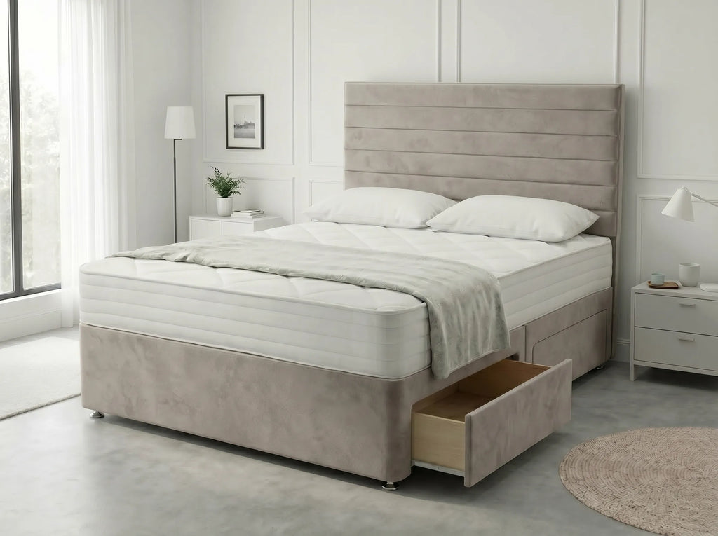 Heritage Sleigh Luxe | Upholstered Divan Drawer Bed with Pull-Out Drawers (UK) | Discount Bed Store (DBS) #DB133