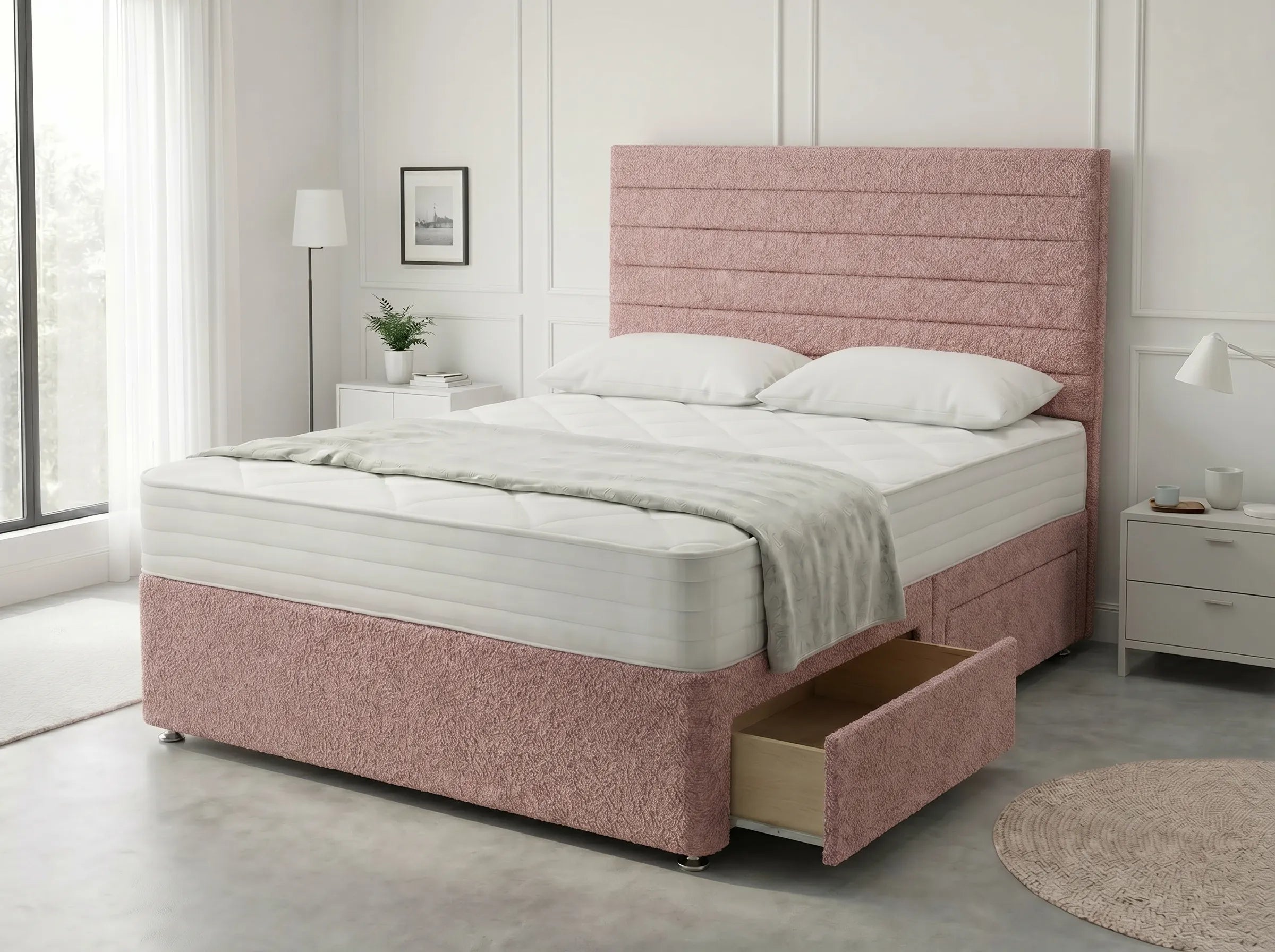 Heritage Sleigh Luxe | Upholstered Divan Drawer Bed with Pull-Out Drawers (UK) | Discount Bed Store (DBS) #DB133