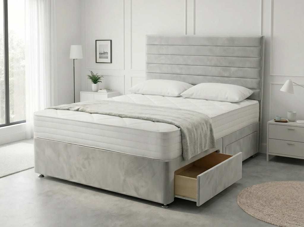 Heritage Sleigh Luxe | Upholstered Divan Drawer Bed with Pull-Out Drawers (UK) | Discount Bed Store (DBS) #DB133