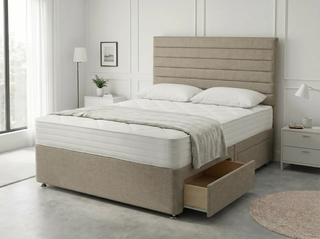 Heritage Sleigh Luxe | Upholstered Divan Drawer Bed with Pull-Out Drawers (UK) | Discount Bed Store (DBS) #DB133