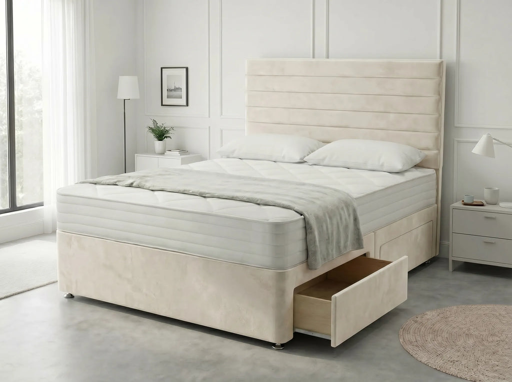 Heritage Sleigh Luxe | Upholstered Divan Drawer Bed with Pull-Out Drawers (UK) | Discount Bed Store (DBS) #DB133