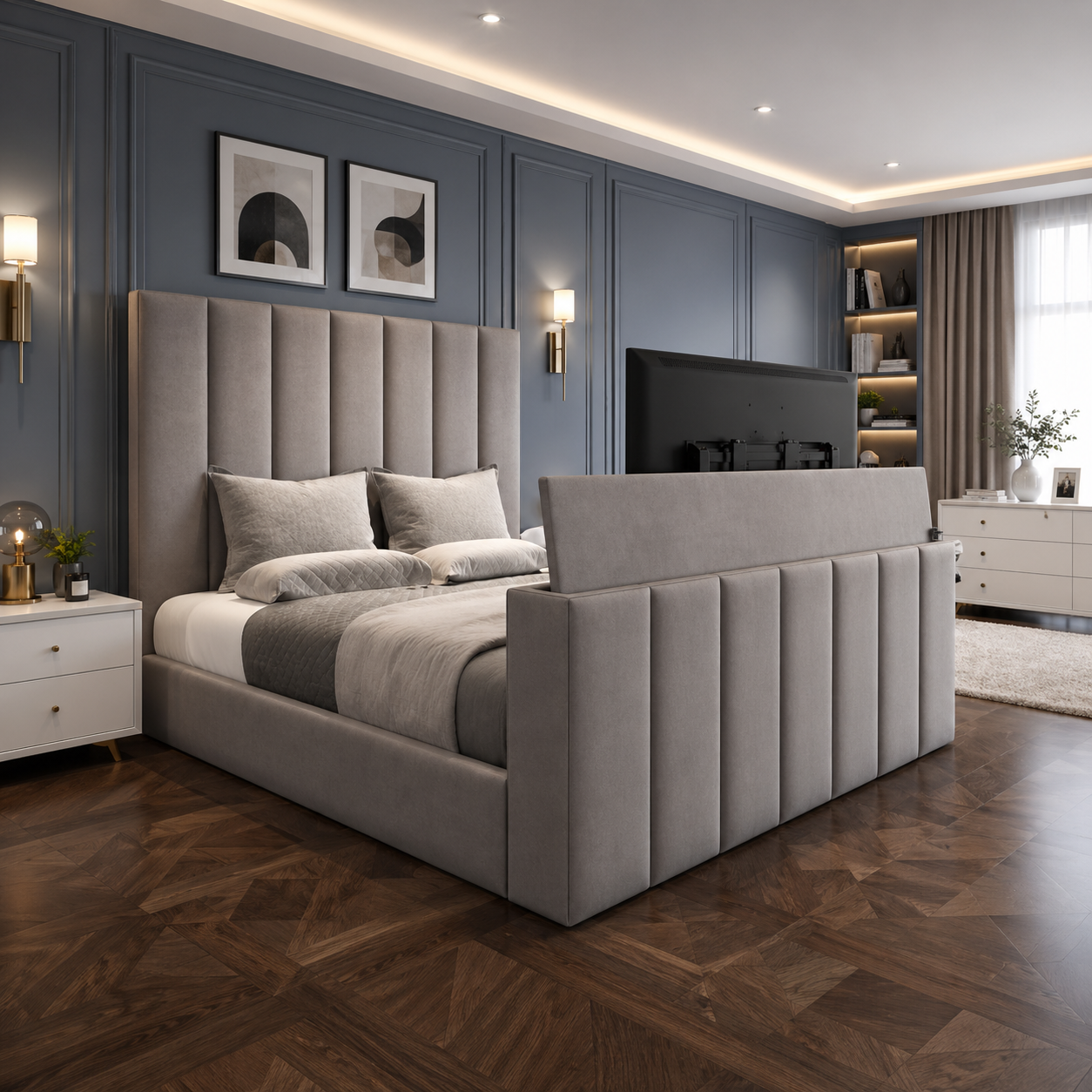 ArcoLuxe Curved TV Bed Frame – Upholstered Designer Bed with Integrated TV Lift, Optional Storage Base &amp; Mattress Packages