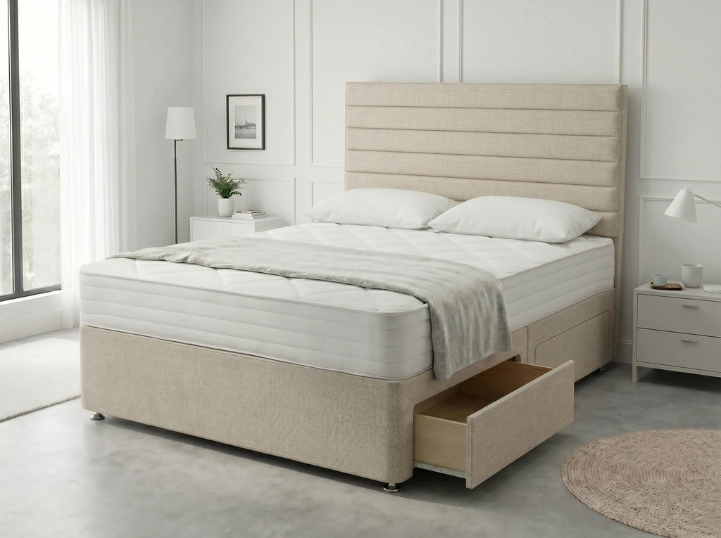 Heritage Sleigh Luxe | Upholstered Divan Drawer Bed with Pull-Out Drawers (UK) | Discount Bed Store (DBS) #DB133