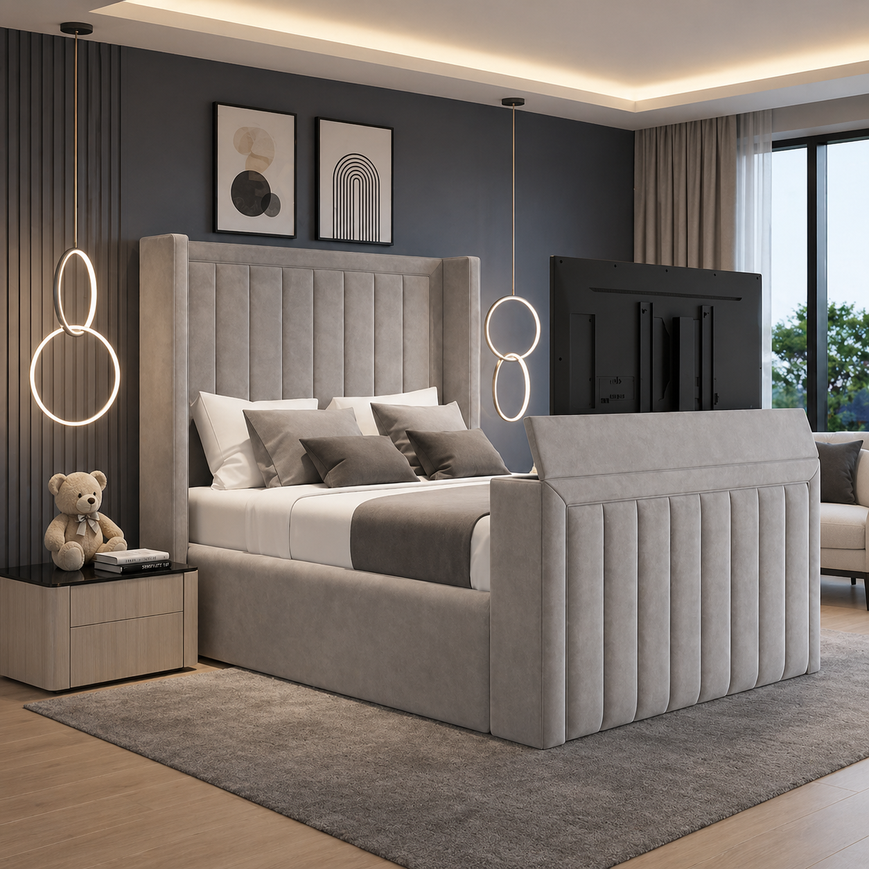 LuxeScreen Wingback TV Bed Frame – Modern Panel Design, Optional Storage + Optional Mattress | Discount Bed Store