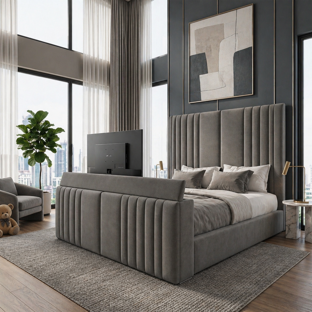 VisionCurve Upholstered TV Bed Frame – Modern Panel Headboard, Optional Ottoman Storage + Optional Mattress | Discount Bed Store