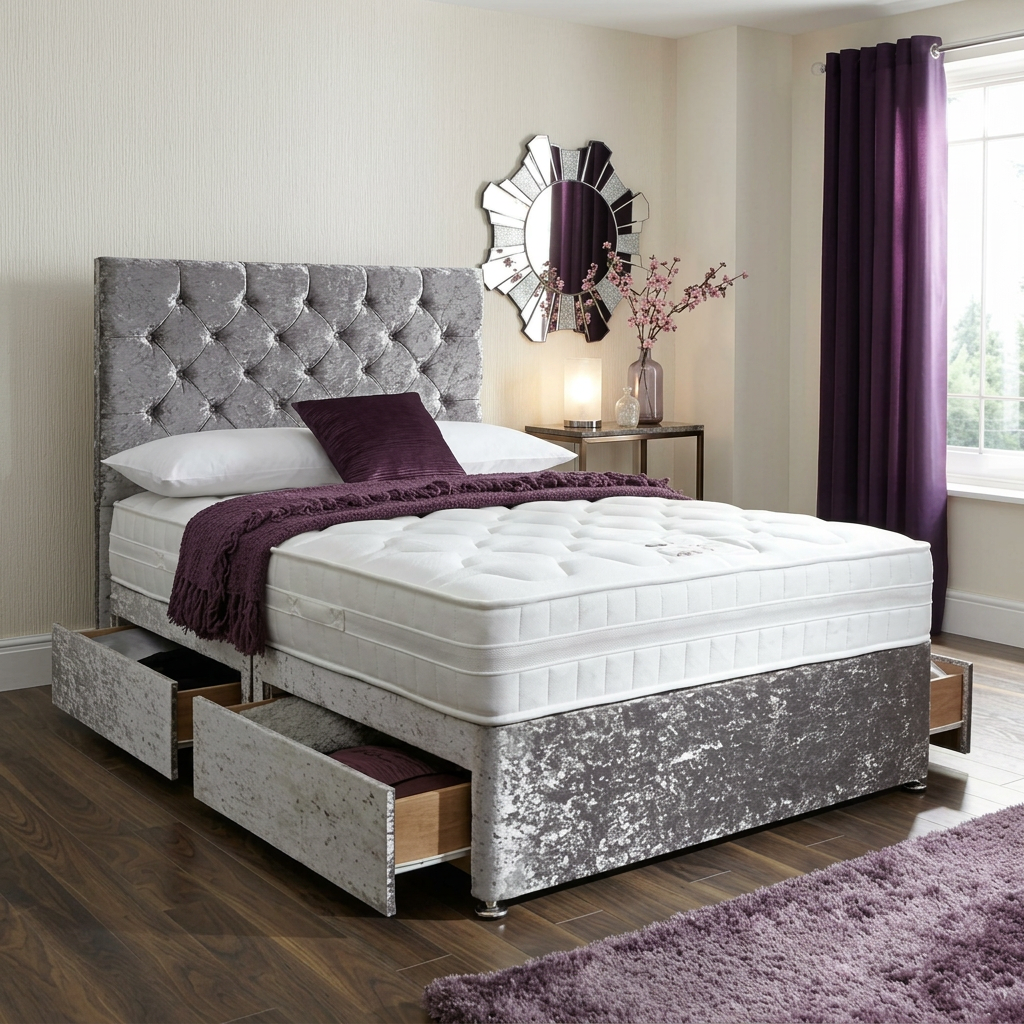 Plain Divan Drawer Bed – Plain Upholstered Headboard Design + Optional Mattress | Discount Bed Store [DBS-058]