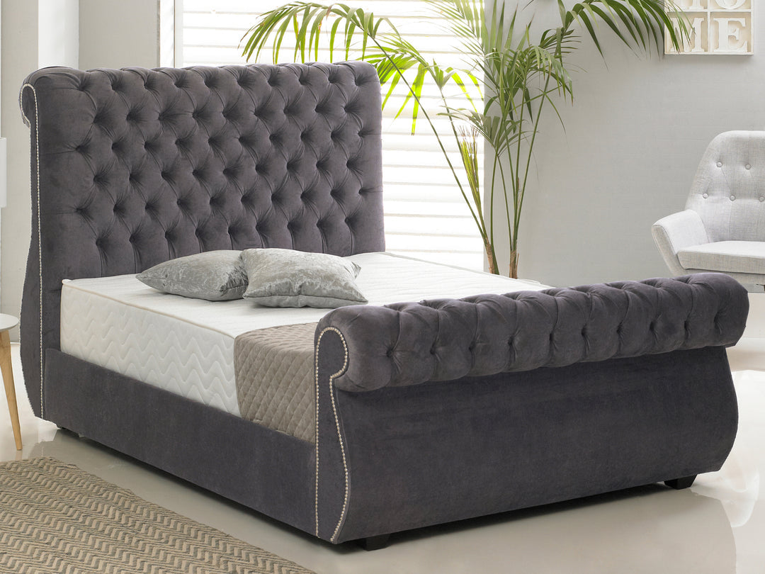 The Swan Upholstered Fabric Sleigh Bed